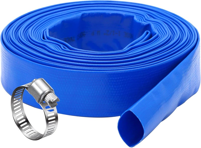 DAVCO 1.25" x 50 ft Pool Backwash Hose, Heavy Duty Reinforced Blue PVC Lay Flat Water Discharge Pump Hoses For Swimming Drain Pools and Clean Filters,with 1 Clamp - Image 1